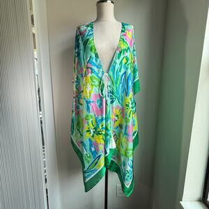Pretty Persuasions Floral Tropical Print Kaftan Swim Cover-Up Tassel Tie O/S